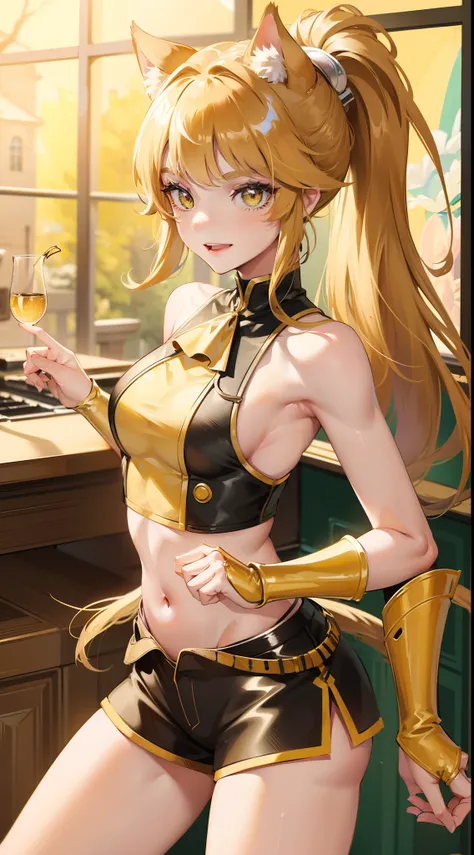 young girl, short brown hair, high ponytail, Heterochromia, green and yellow eyes, Smile, cat ears, Yellow tight sleeveless uniform, tight shorts, diadem, Gold Elements, She-ra, Masterpiece, hiquality, 4k, HD, Good detail