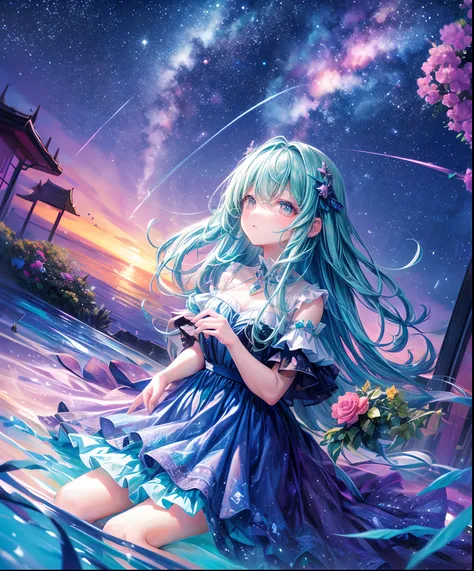 Describe a scene where a cute girl character is lying on a grassy hill, Looking up at the starry sky. Surround her with colorful nebulae and her favorite constellations.