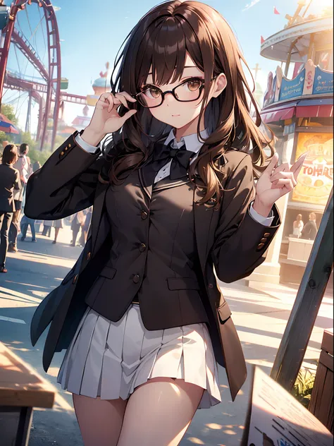 1人の女性、brown haired(Curta)、Brown eyes、Black-rimmed glasses、 Best Quality、ultra-detailliert、8K resolution、Raw photo、masutepiece、gorgeous faces、Perfect body、An amusement park、Blazer Uniform