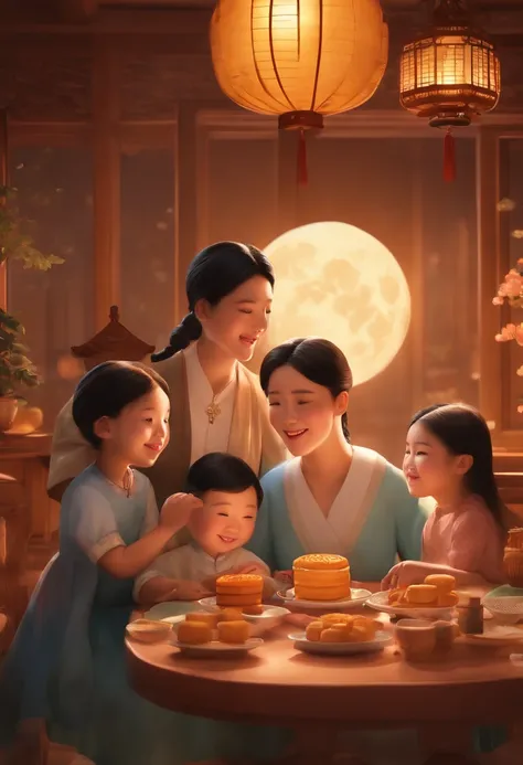 (top-quality、8K、tmasterpiece:1.3)、Full moon and stars in sky illustration，The family sits together eating mooncakes,Mom and dad laugh with the kids，Have in the living room、Bright house scene，extremely detailed face and skin，Heartwarming scene，perfect  deta...