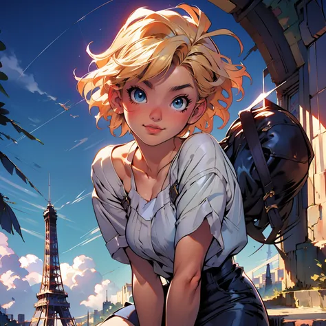 masterpiece, digital paint, (Cute girl, 20 years old, blond short hair ), at the top of eiffel tower in paris by Jim Lee. 1990s (style),