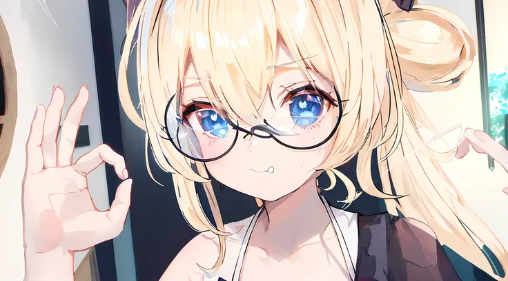 blonde anime girl with glasses and a black top in a room, blue eyes, have cute dog ears, show one shoulder, holding a glass, ren...