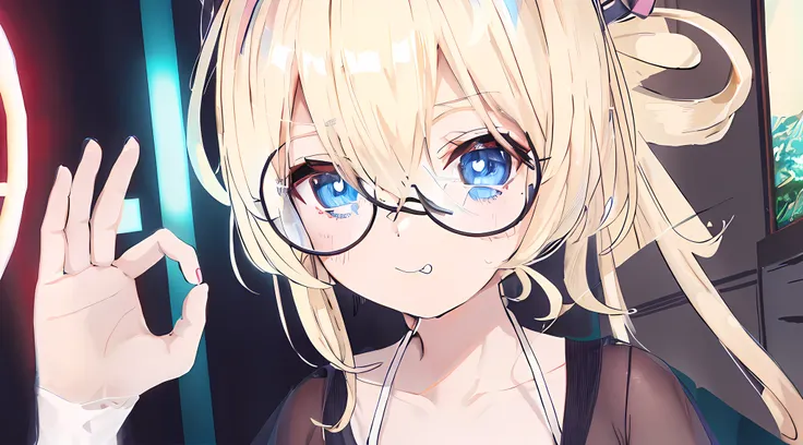 blonde anime girl with glasses and a black top in a room, blue eyes, have cute dog ears, show one shoulder, holding a glass, ren...