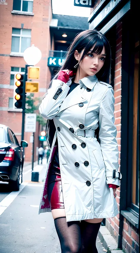 (Best quality,4K,8K,A high resolution,Masterpiece:1.2),Ultra-detailed,(Realistic,Photorealistic,photo-realistic:1.37),Long-range shooting,Blue-haired woman,Hair falls on the left shoulder,Wears a white trench coat lined in red, blackminiskirt,Patterned sto...