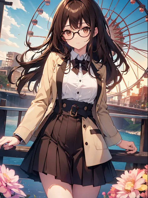 1人の女性、brown haired(Curta)、Brown eyes、Black-rimmed glasses、 Best Quality、ultra-detailliert、8K resolution、Raw photo、masutepiece、gorgeous faces、Perfect body、the Ferris wheel、Blazer Uniform