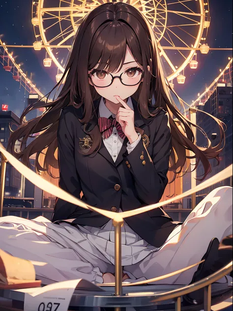 1人の女性、brown haired(Curta)、Brown eyes、Black-rimmed glasses、 Best Quality、ultra-detailliert、8K resolution、Raw photo、masutepiece、gorgeous faces、Perfect body、the Ferris wheel、Blazer Uniform