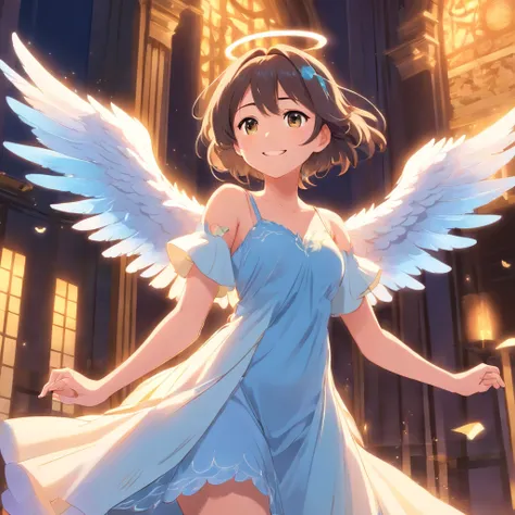 Beautiful Angel、face perfect、beautiful dress、large wings、a smile, big breast