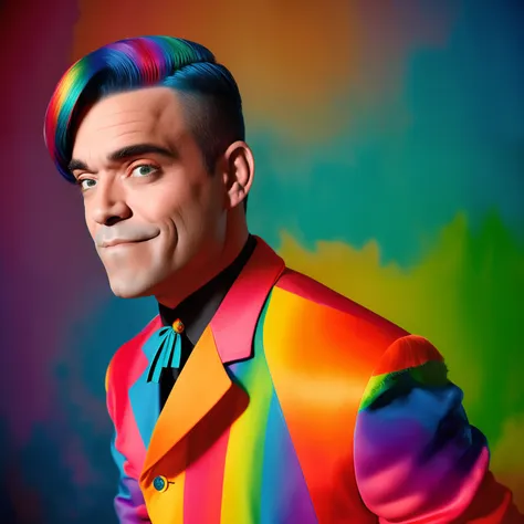 analog style, modelshoot style, portrait of  robbie williams , style by flora borsi, bold, bright colours, rainbow mohawk haircu...