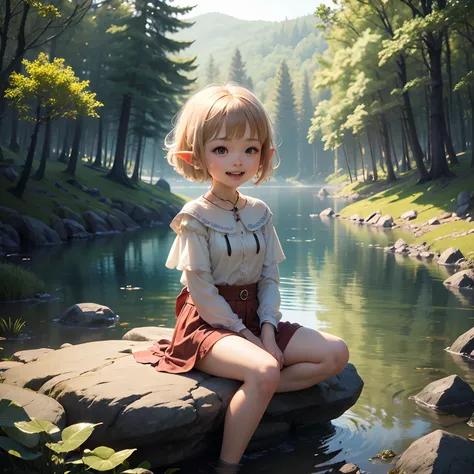 ​masterpiece、top-quality、ultra-detailliert、One Elf Daughter、Chibi Chara、wraith、short-hair、Open your mouth and smile、Lake in the forest、Sit on the rocks、Sunlight