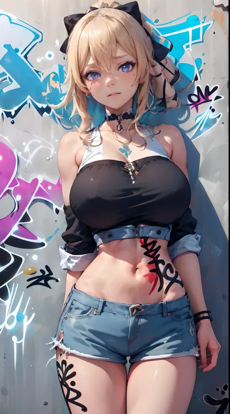 Jean Genshin Effect, master-piece, bestquality, 1girls,shorts jeans, gigantic breasts, ,bara, crop top, shorts jeans, choker, (Graffiti:1.5), Splash with purple lightning pattern., arm behind back, against wall, View viewers from the front., Thigh strap, H...