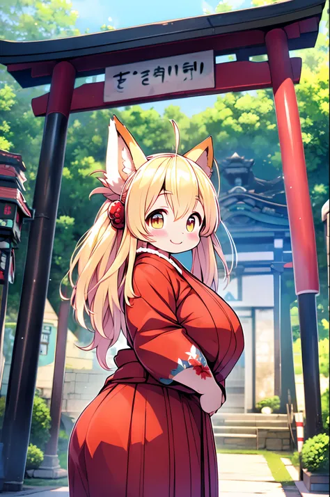 Fox Woman、body covered with fur、huge-breasted、kawaii、shrine maiden、Japan white clothes,Red Hakama、torii gate,summer day、((High Position))、A big smile、bbw、thick thight、big butts、Ultramammy,Chibi,Nanachi