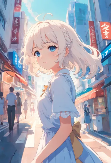 White-colored hair with curly hair，blue color eyes，White Lolita，Beth，A bustling city street