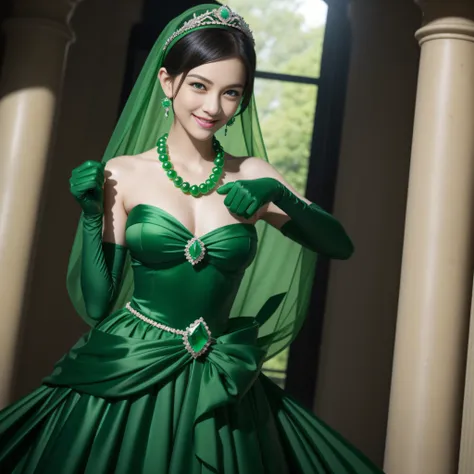 emerald tiara, Green Pearl Necklace, Boyish very short black hair, lipsticks, Japan woman smiling, very short short hair, big breasts beautiful, Green eyes, Long green gloves made of satin material, Green eyes, Emerald Earrings, Thumbs up