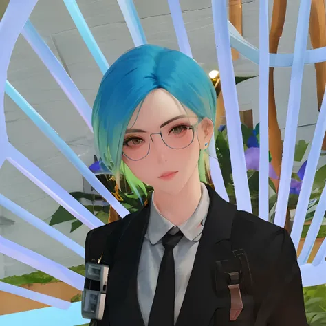 there is a woman with blue hair and glasses standing in front of a blue spiral, short blue haired woman, second life avatar, with blue hair, attractive androgynous humanoid, in cyber punk 2077, halfbody headshot, in game, live2d virtual youtuber model, hin...