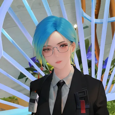 there is a woman with blue hair and glasses standing in front of a blue spiral, short blue haired woman, second life avatar, with blue hair, attractive androgynous humanoid, in cyber punk 2077, halfbody headshot, in game, live2d virtual youtuber model, hin...