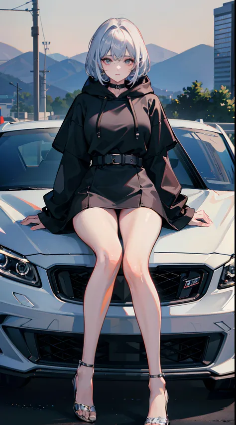 1 cool adult woman is sitting on the top of a sports car,Long wolf cut hairstyle,Wearing a Hoodie with an elegant pose and a sexy expression, Sharp focus, highly detailed,8k