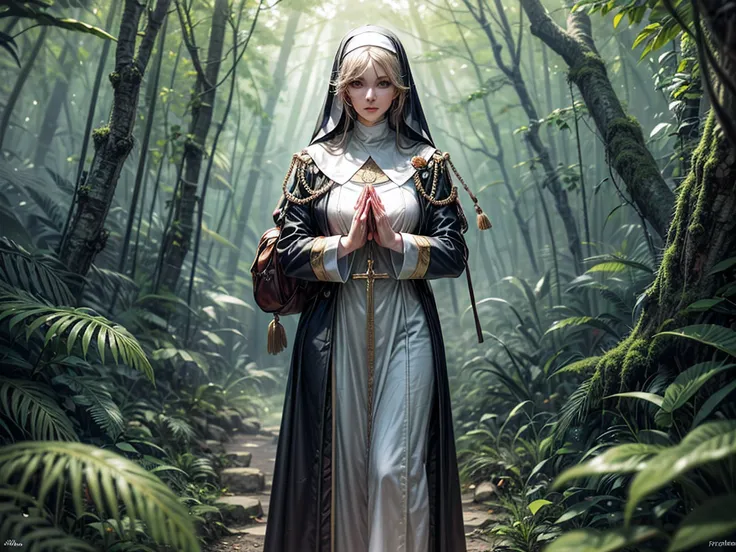 high details, best quality, 16k, [ultra detailed], masterpiece, best quality, dynamic angle, ultra wide shot, RAW, photorealistic, fantasy art, realistic art, a picture of a catholic nun getting lost in the jungle, a nun, wearing nun habit, dynamic colors,...