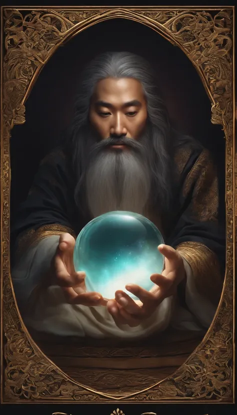 30-year-old middle-aged Asian man，long whitr hair，Coiled hair，Long beard，Close-up of holding a crystal ball in his hand，staring right into camera，Meditate cross-legged, at centre，Clear facial features，Very bright colors, Light particles, with light glowing...