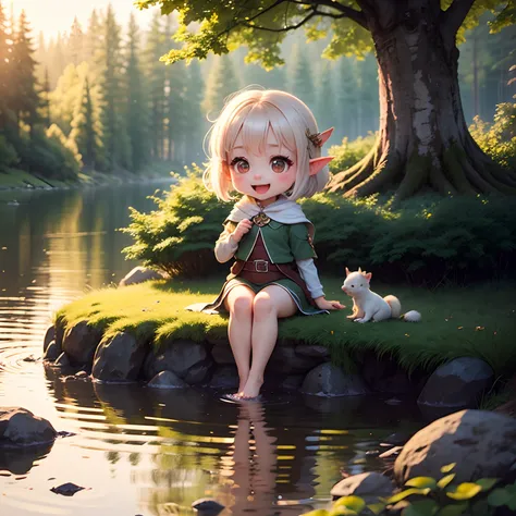 ​masterpiece、top-quality、ultra-detailliert、One daughter of an elf、(Chibi Chara:1.1)、wraith、short-hair、Open your mouth and smile、lake in the middle of a forest、Sit on the rocks、Sunlight、White squirrel、