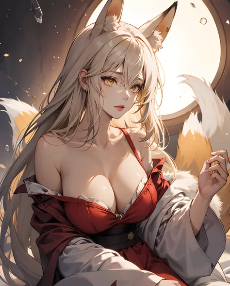 Red-skinned woman with fox ears and foxtail she has the normal face of a human being however she a speck of fucinho yellow eyes has a slap look and she has large but not exaggerated breasts