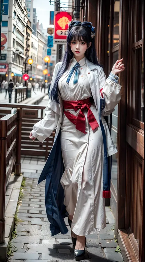 (Best quality,4K,8K,A high resolution,Masterpiece:1.2),Ultra-detailed,(Realistic,Photorealistic,photo-realistic:1.37),Long-range shooting,Blue-haired woman,Hair falls on the left shoulder,Wears a white trench coat lined in red, blackminiskirt,Patterned sto...