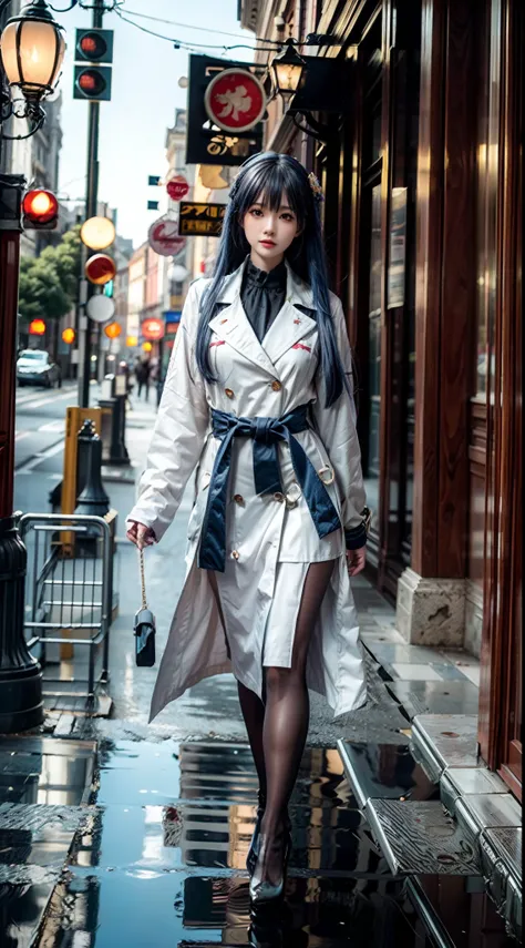 (Best quality,4K,8K,A high resolution,Masterpiece:1.2),Ultra-detailed,(Realistic,Photorealistic,photo-realistic:1.37),Long-range shooting,Blue-haired woman,Hair falls on the left shoulder,Wears a white trench coat lined in red, blackminiskirt,Patterned sto...