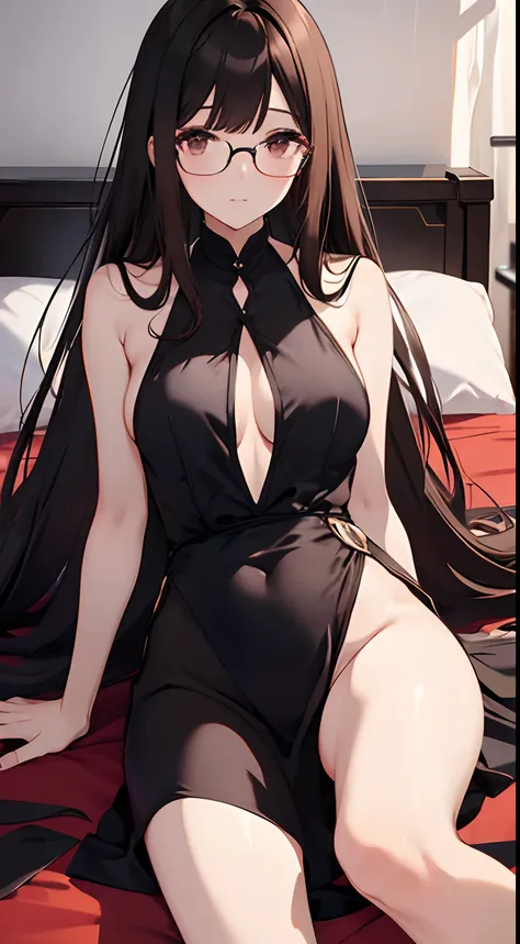 1 woman、brunette hair(long)、Brown eyes、Black rim glasses、 bestquality、ultra-detail、8k resolution、RAW photo、Piece Table、gorgeous face、Perfect body、in the bedroom、Thin pajamas, transparent dress, costume, gowns(lewd), Shy, thighs, sexy