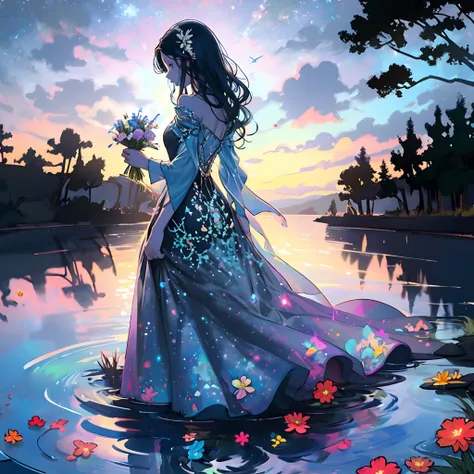 Gem Shadows,1girl in, Dress, Solo, flower, Long hair, Long sleeves, ripples, Standing, Black Dress, Puffy sleeves, skyporn, cloud, Holding, Blue Dress, Star (skyporn), Water, holding flowers, shoes, profile