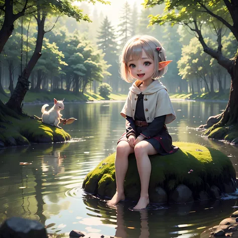 ​masterpiece、top-quality、ultra-detailliert、One daughter of an elf、(Chibi Chara:1.1)、wraith、short-hair、Open your mouth and smile、lake in the middle of a forest、Sit on the rocks、Sunlight、White squirrel、