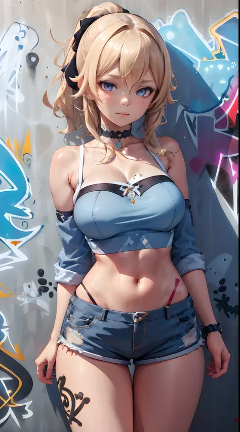 jean genshin effect, master-piece, bestquality, 1girls,shorts jeans, oversized breasts, ,bara, crop top, shorts jeans, choker, (...