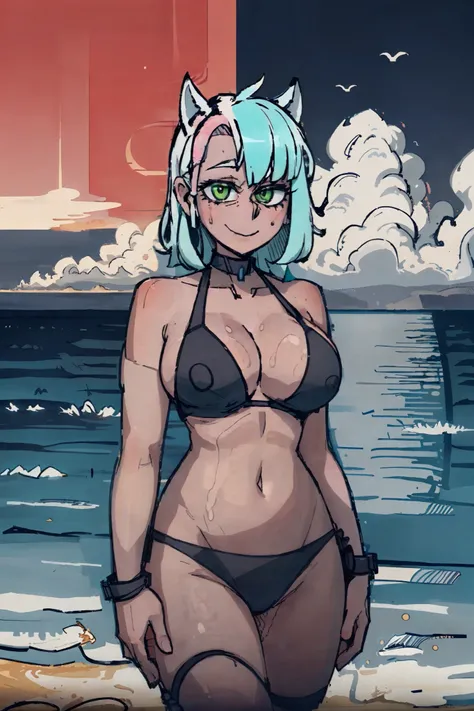 ((((mature adult tall woman, mature_face)))), (glowing green eyes), aqua cat ears, ((narrow waist)), gradient (((pink hair))), large breasts, large areolae, (oily skin, wet), dark skin, oily skin, sweat, ringed eyes,


barefoot, beach, black choker, blue s...