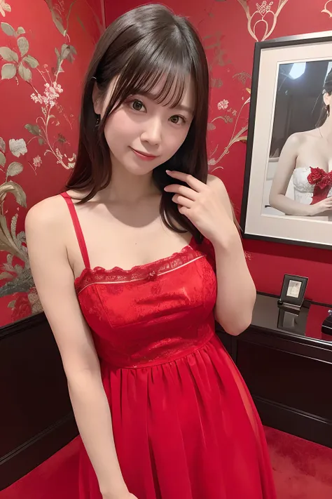 Woman in red Dress、The background is gorgeous red wallpaper studio、[photos realistic]!!,Candid flash photography、magnifica、Masa Nakayama、flash photo、Sui Ishida、Do not copy hands、adult lady、high-class sense、There are a lot of decorations