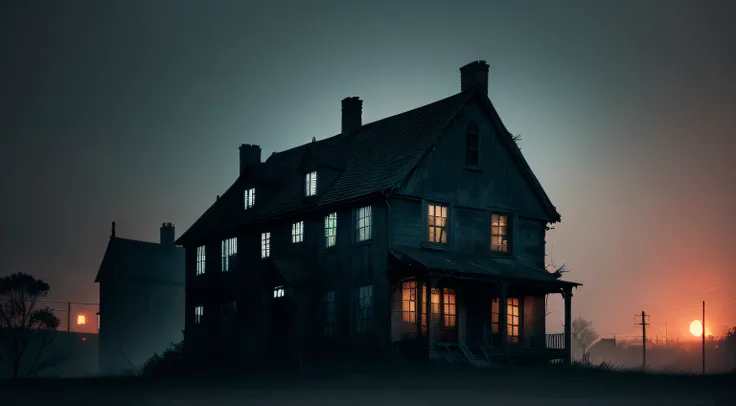 Prompt: "Create a chilling image of the haunted house at dusk. The dilapidated structure looms against the fading light, its timeworn facade cloaked in shadows. Vines snake up the walls, adding to the aura of decay. A ghostly figure is barely visible at an...