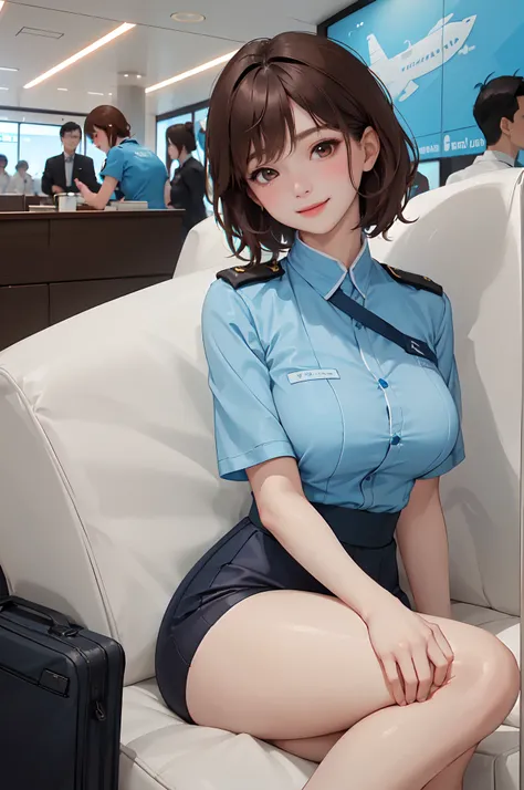 1lady solo, mature female, /(blue_short sleeve_koreanair_uniform/), /(brown hair/) bangs, blush kind smile,  (masterpiece best q...