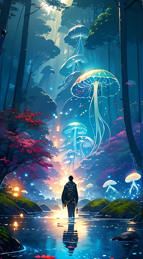 masterpiece, (jellyfishforest:1.4), 1man, short hair, mushroom, scenery, solo, nature, water, wading, outdoors, tree, standing, ...