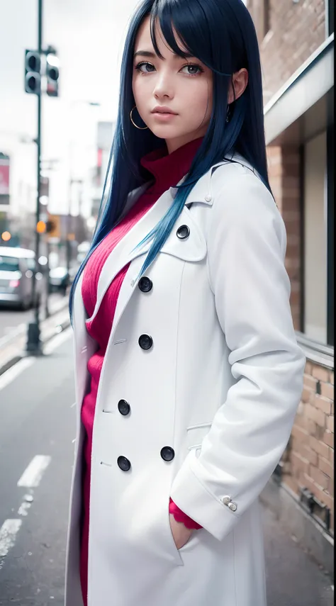 (Best quality,4K,8K,A high resolution,Masterpiece:1.2),Ultra-detailed,(Realistic,Photorealistic,photo-realistic:1.37),Long-range shooting,Blue-haired woman,Hair falls on the left shoulder,Wears a white trench coat lined in red, blackminiskirt,Patterned sto...