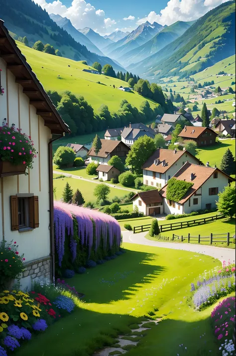 Peaceful and idyllic countryside, Rolling green hills dotted with grazing sheep, Charming villa，Set amidst vibrant flowers, Clear blue sky overhead, Evokes a sense of peace and simplicity, Valle encantador, switzerland, patches of green fields, lush countr...