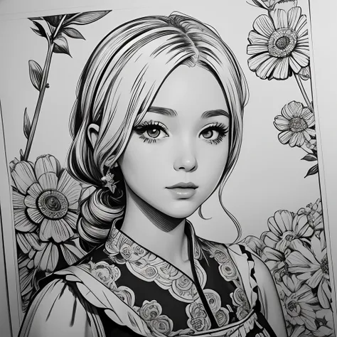 Black and white stick figure 1 girl with flowers,  lots of flowers in background, loli in dress with flowers, its fine ink line art, comic style, portrait of ploynesian girl, Marilyn Munroe, Hollywood glam, beautiful line art, black and white comic style, ...