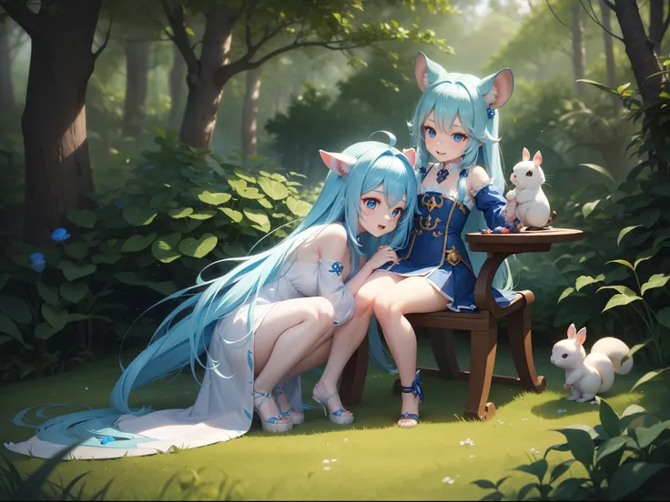 In the forest、There is a small white rabbit with long ears,  White long ears、Im with a pretty girl with long blue hair。It is a cute costume in white and blue。Dark eyes。cute forest creature, Cute mushrooms also grow、Adorable Digital Painting, cute detailed ...