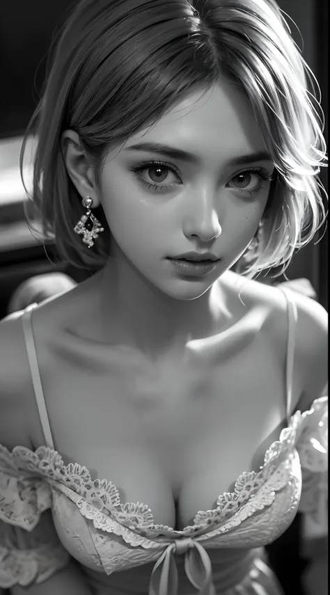 Beautiful girl, high-precision illustrations, monochrome tone effects, chic and sophisticated impression, focus blur envelops her softly, overhead shot composition, pixel-perfect drawing, edge detection, clear expression of details, high-key contrast, tint...