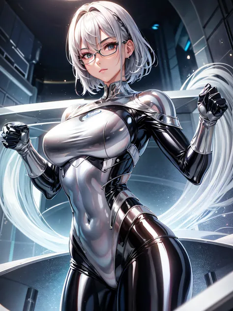 5 8K UHD、Muscular beauty with short silver hair wearing shiny full-body silver suit with glasses with arms behind her head、Beauty with shiny silver latex suit glasses with hidden skin、Lower front upper body only