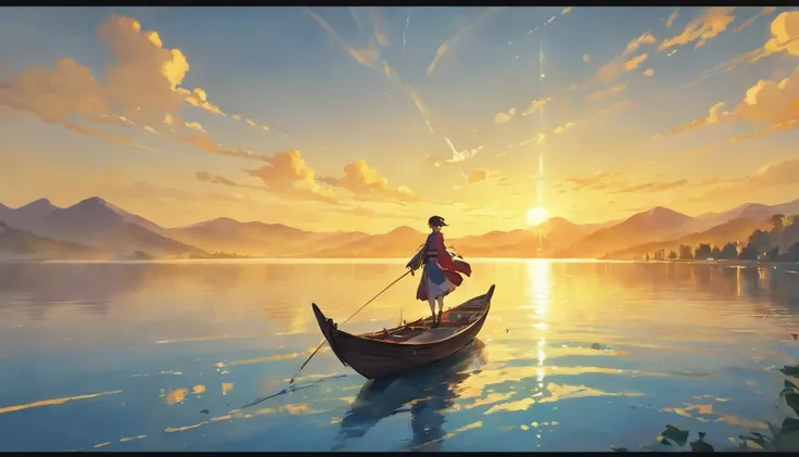 Draw boats in lakes with golden mountains and sunshine,Huge sails，dreamlike digital painting, fantasy digital painting, fantasy. gondola boat, Chinese style painting, digital cartoon painting art, glossy digital painting, Chinese painting style, Digital fa...