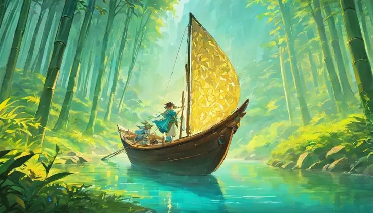 Draw boats in lakes with mountains and sun,Huge sails，dreamlike digital painting, fantasy digital painting, fantasy. gondola boat, Chinese style painting, digital cartoon painting art, glossy digital painting, Chinese painting style, Digital fantasy painti...