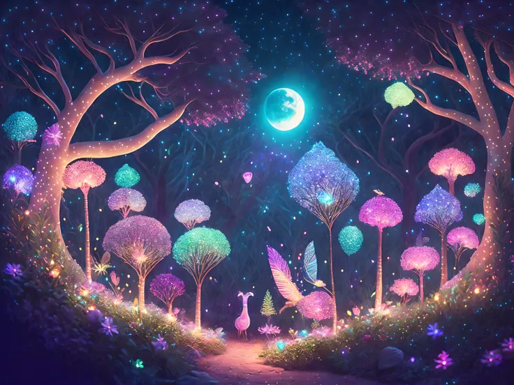 An intricate and stunning display of fairy lights, with glowing pastel lights, delicately wrapped around trees in the jungle, there are vibrant colors all around in the flowers, Nighttime, ambient moonlight, fantasy style, cute fairylike creatures dwell th...