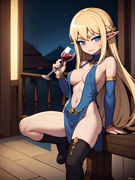 Elf, long hair, blonde, blue eyes, tavern, no bra, cleavage, skimpy mini dress, night time, perky boobs, teen, nipples, boots, masterpiece, holding wine glass,