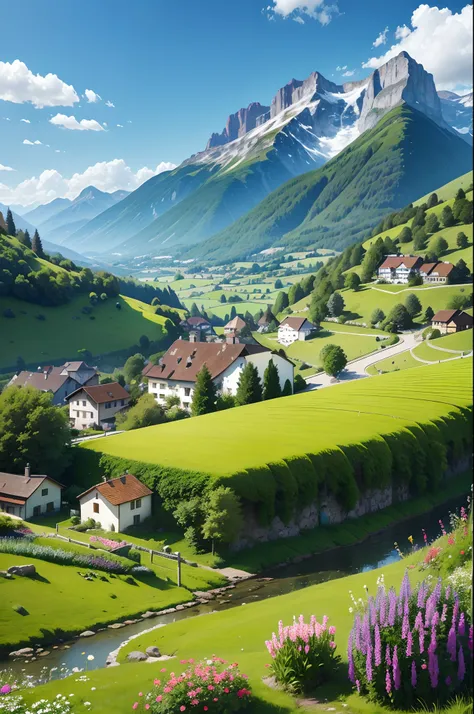 Peaceful and idyllic countryside, Rolling green hills dotted with grazing sheep, Charming villa，Set amidst vibrant flowers, Clear blue sky overhead, Evokes a sense of peace and simplicity, Valle encantador, switzerland, patches of green fields, lush countr...