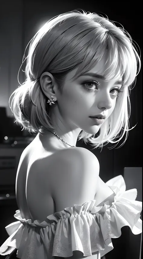 Beautiful girl, high-precision illustrations, monochrome tone effects, chic and sophisticated impression, focus blur envelops her softly, overhead shot composition, pixel-perfect drawing, edge detection, clear expression of details, high-key contrast, tint...