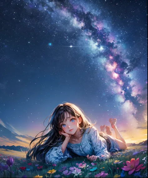 Describe a scene where a cute girl character is lying on a grassy hill, Looking up at the starry sky. Surround her with colorful nebulae and her favorite constellations.