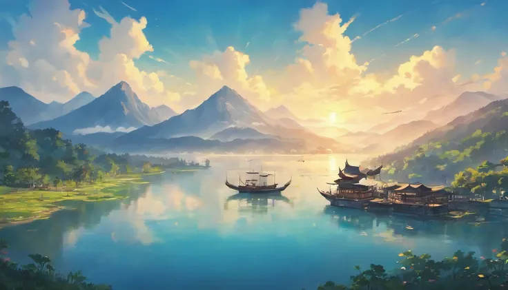 Draw boats in lakes of mountains and white clouds, The ship flies in the sky，Huge sails，dreamlike digital painting, fantasy digital painting, fantasy. gondola boat, Chinese style painting, digital cartoon painting art, glossy digital painting, Chinese pain...