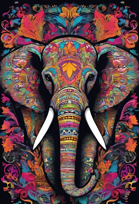 "Vibrant and mesmerizing kaleidoscope with a magnificent elephant head, intricate vector design on a sleek black background."